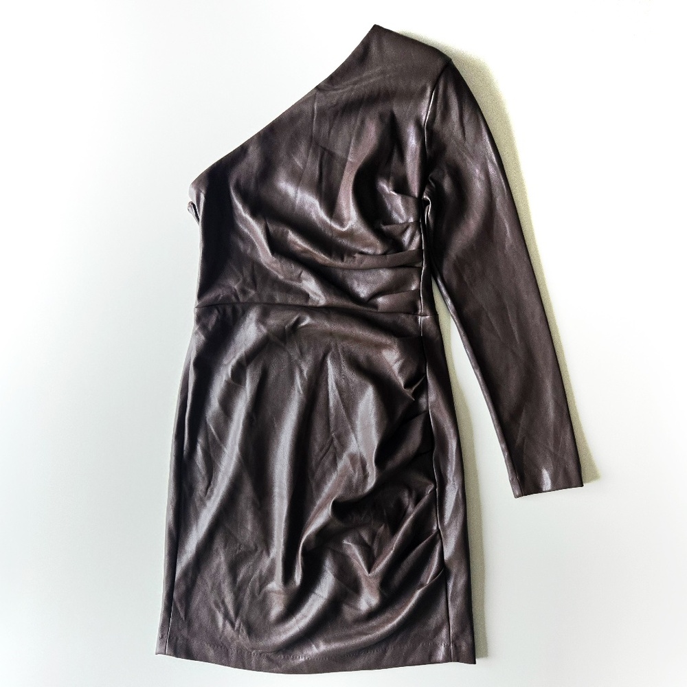 Express Brown One Shoulder Faux Leather Mini Dress - Picture 2 of 11